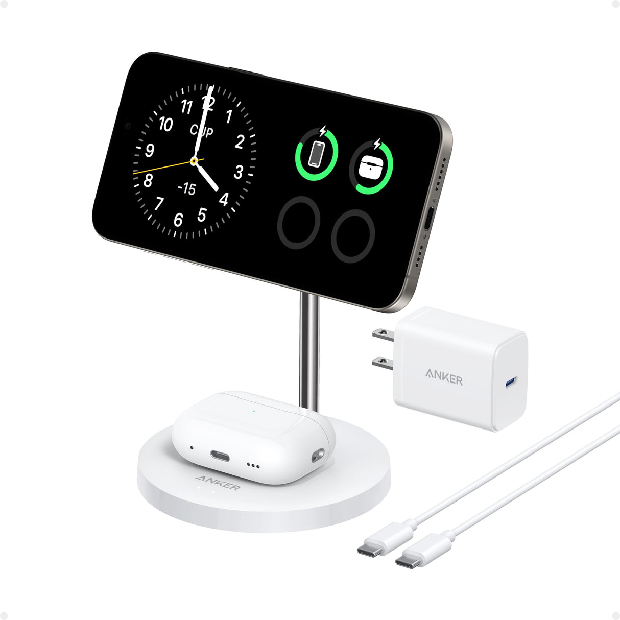 Anker MagGo 2-in-1 wireless charger stand with white finish, designed for fast charging smartphones and compatible devices.