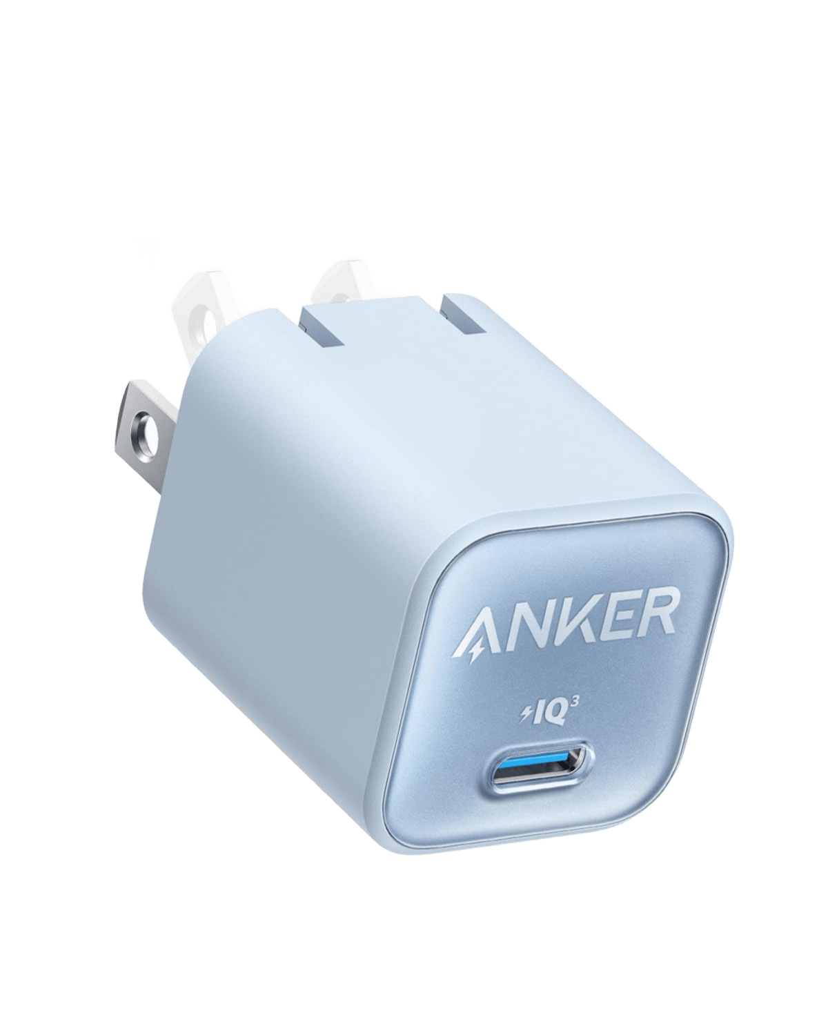 Anker Nano 30W USB-C charger in misty blue, compact design for fast charging smartphones and devices.