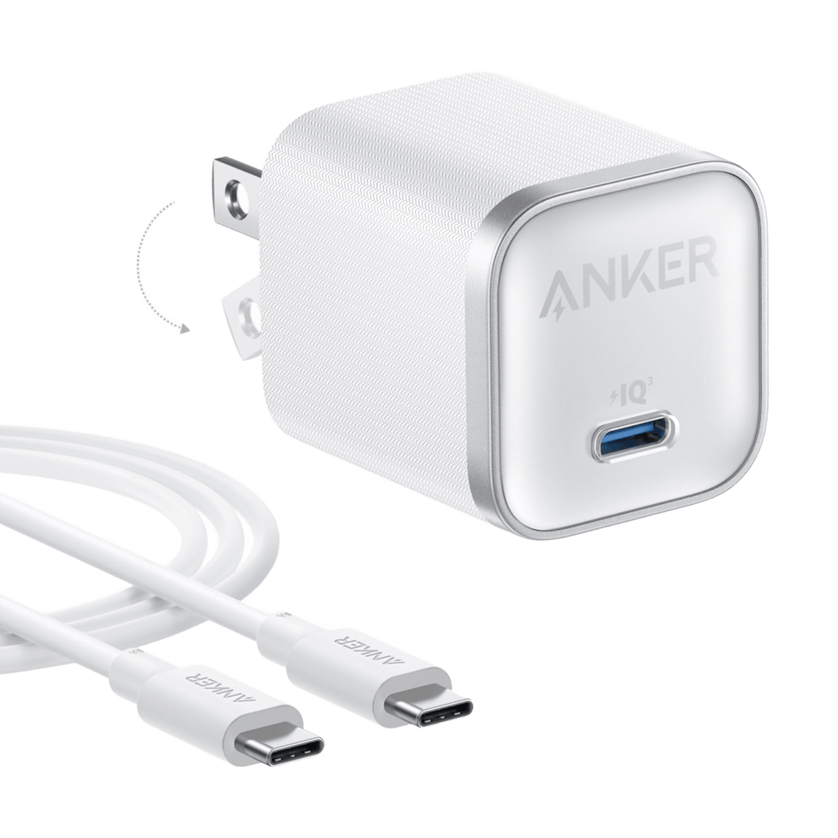White Anker Nano 45W charger with USB-C to USB-C cable, compact fast-charging power adapter for smartphones and devices