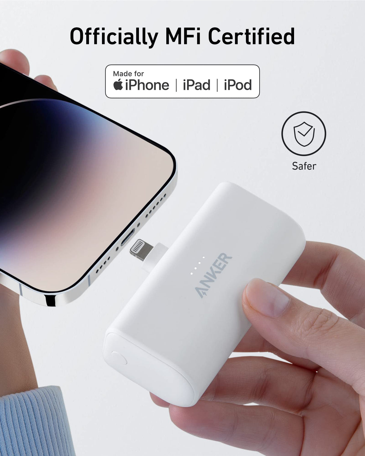 Anker Nano Power Bank in white with built-in Lightning connector, compact portable charging device for smartphones and gadgets.