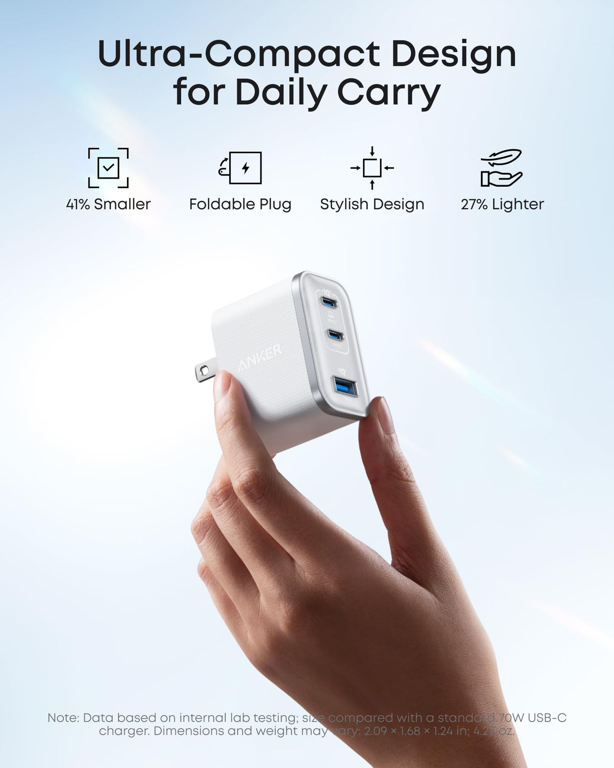 White Anker Nano 70W charger with three USB-C ports, compact design for fast charging multiple devices.