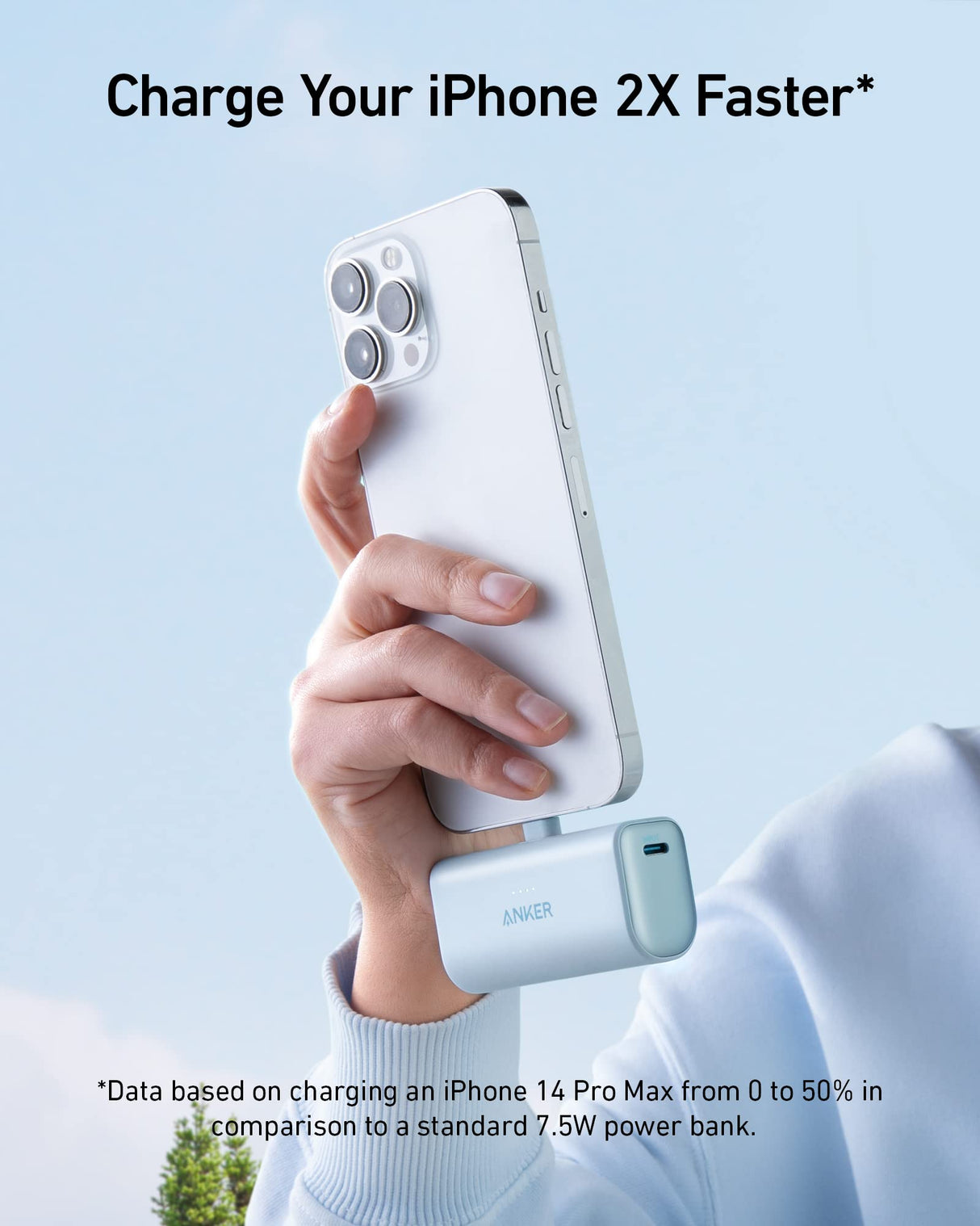 White Anker Nano Power Bank with 12W charging and built-in Lightning connector for portable device charging.