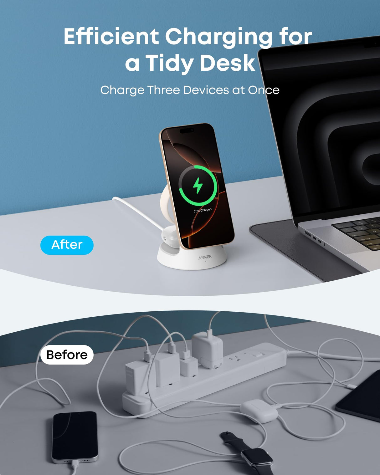 Anker MagGo 3-in-1 wireless charging station with white dock stand for iPhone, Apple Watch, and AirPods.