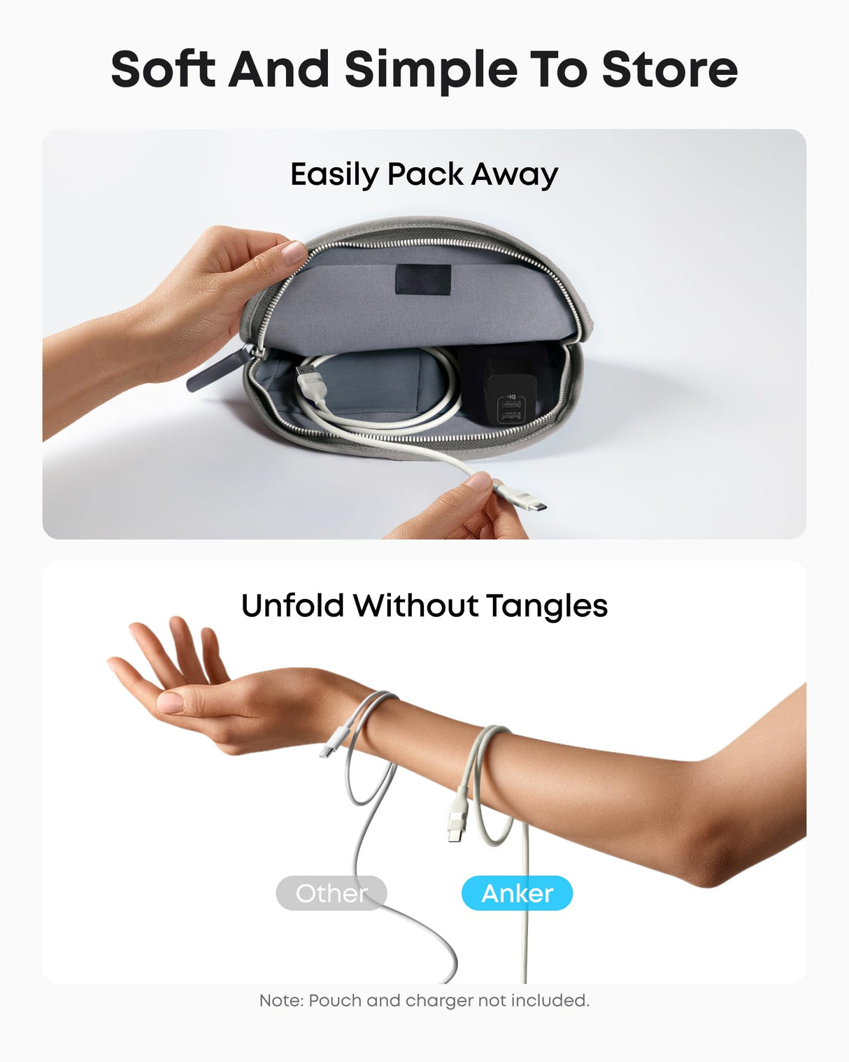 White Anker USB-A to USB-C braided cable, 6 feet long, showing durable upcycled design and braided exterior for added strength.