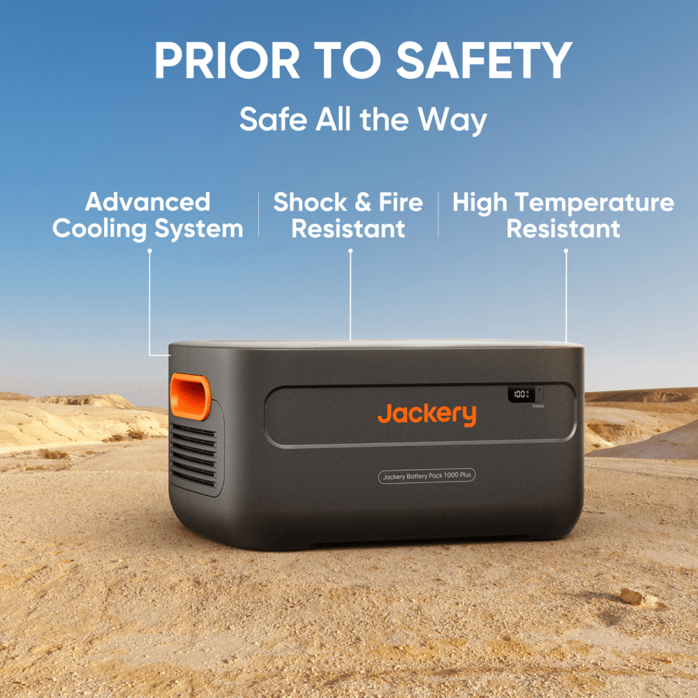 Jackery 1000 Plus add-on battery pack with multiple ports, portable power source, and compact design for outdoor and emergency use