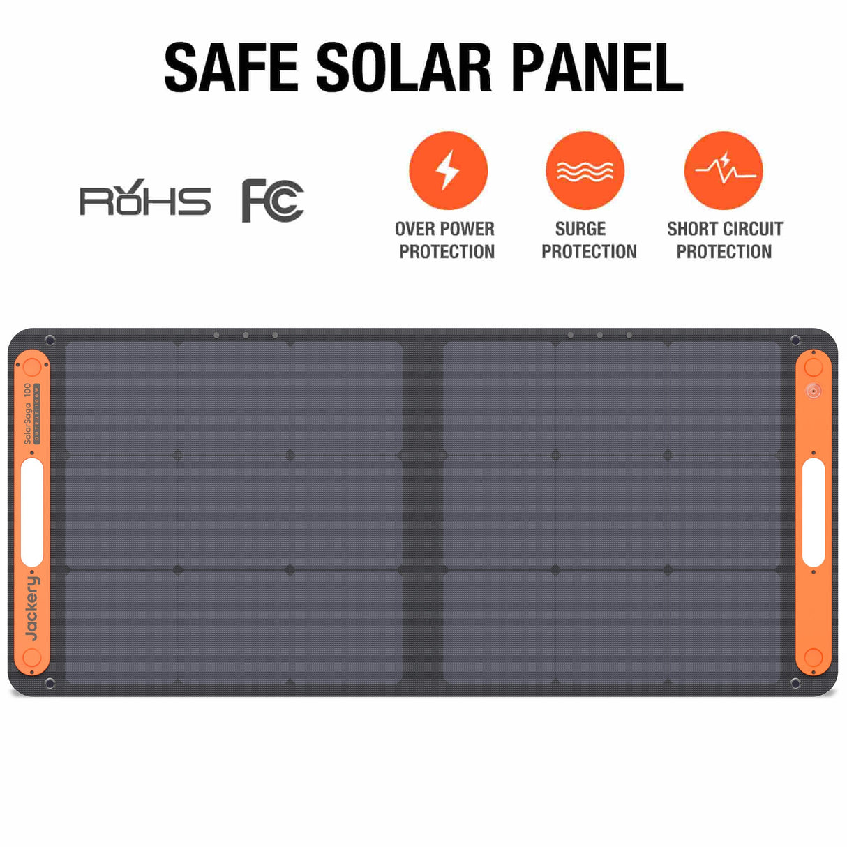Jackery SolarSaga 100W solar panel add-on for portable solar power, shown outdoors with sunlight reflecting off the surface.