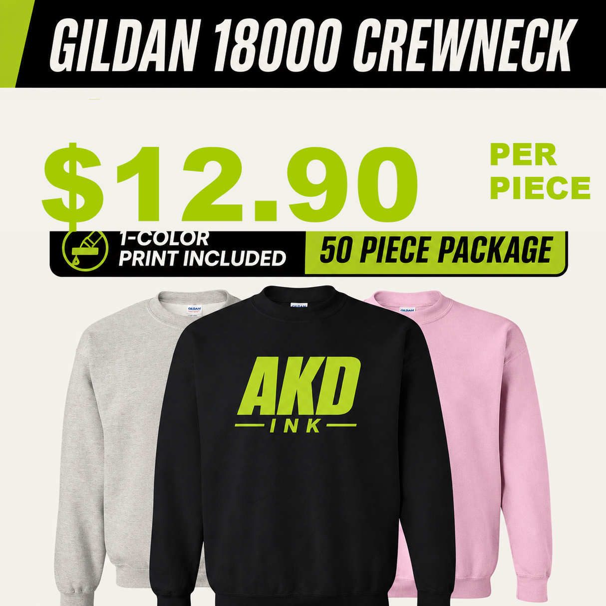 Gildan 18000 50 piece printed sweatshirt package - $12.90 per piece