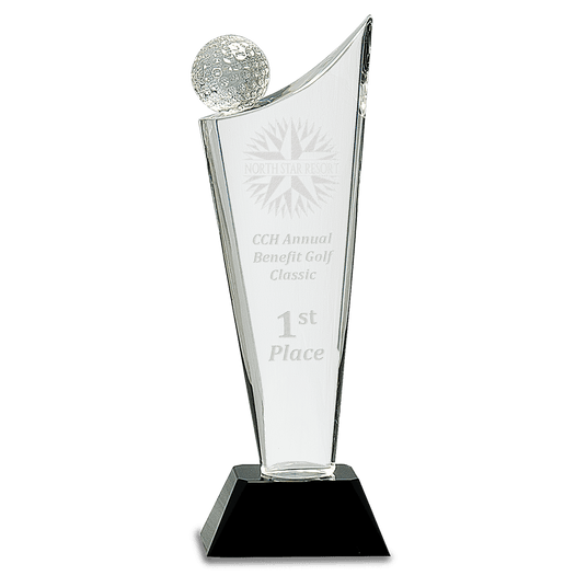 Clear Crystal Golf Wave Award Trophy on Pedestal Base-AKD Ink