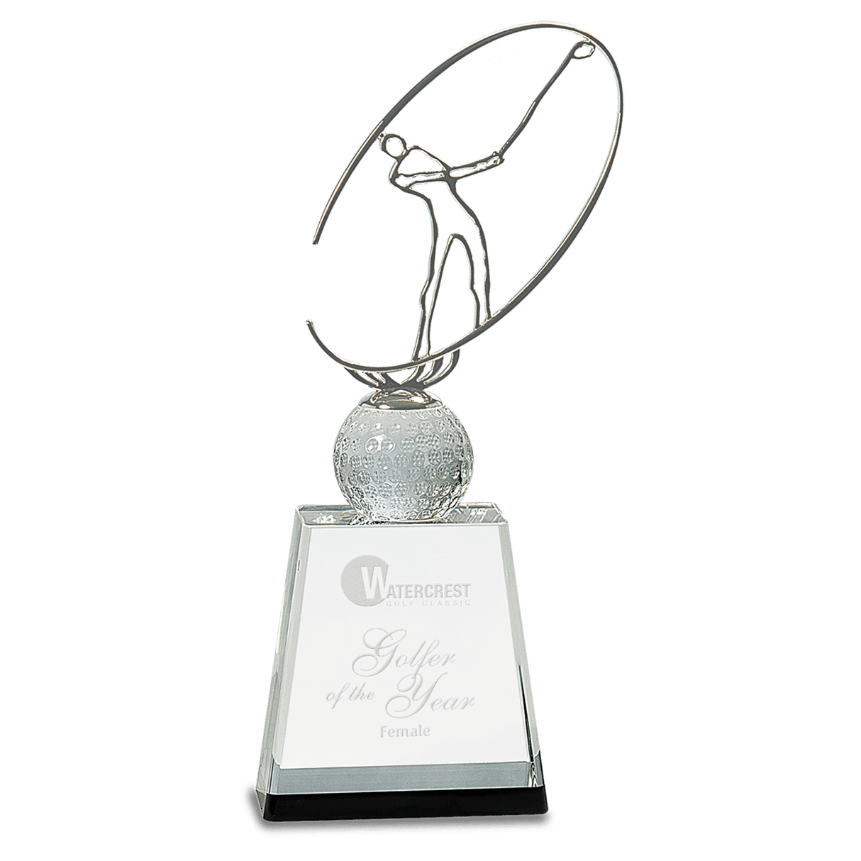 Medium Clear/ Crystal Golf Award with Silver Metal Oval Figure-AKD Ink