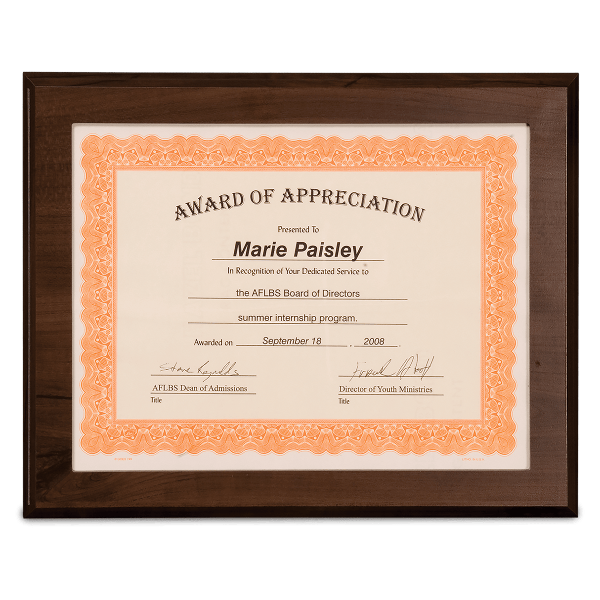 Cherry Finish Plaque with Slide-In Certificate Frame-AKD Ink