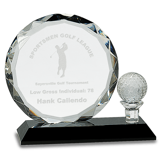 Large Round Facet Crystal with Golf Ball on Pedestal Base