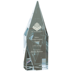 Clear medium crystal diamond tower by AKD Ink with faceted, sparkling design showcasing intricate geometric cuts.