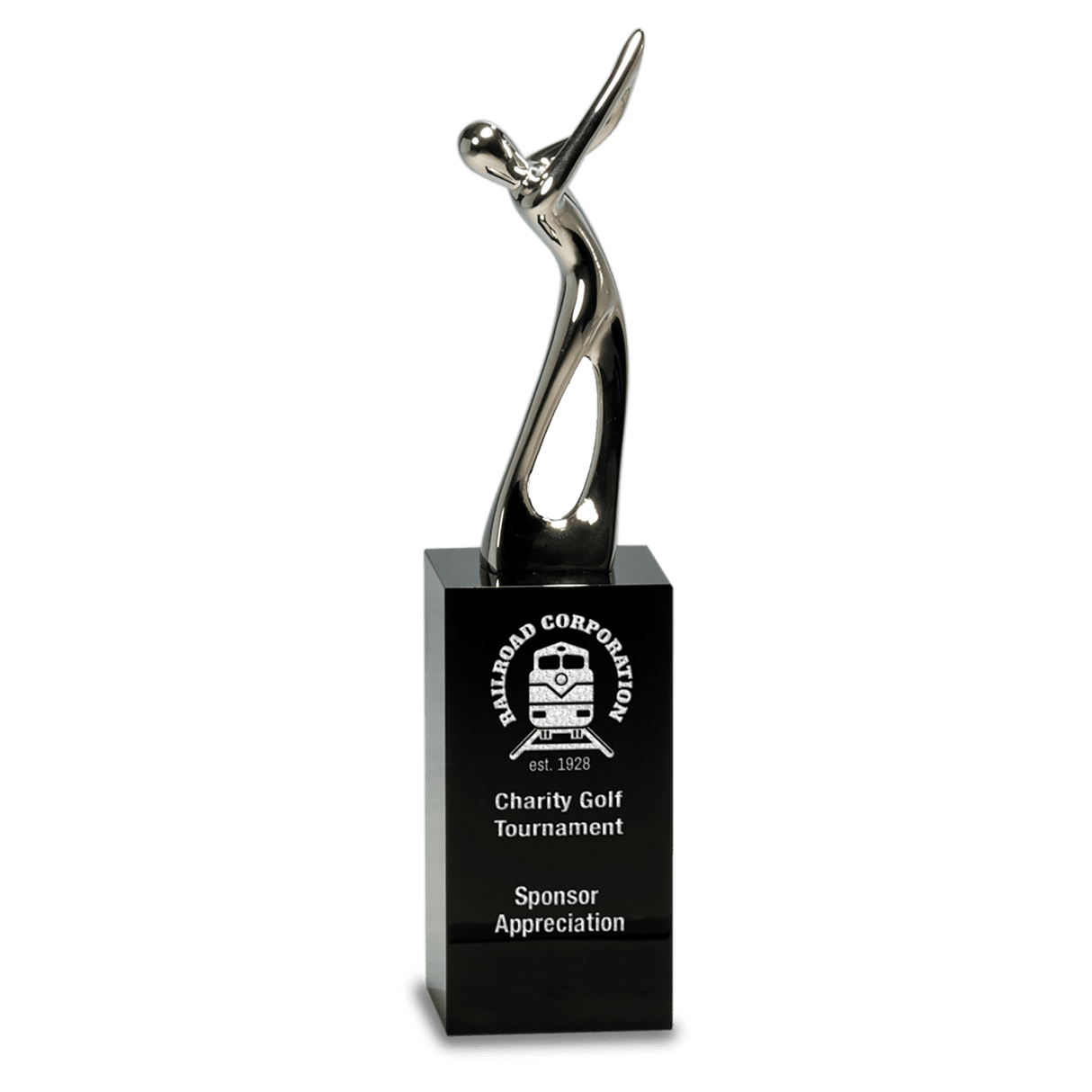 Small Silver Metal Golf Figure on Crystal Pedestal-AKD Ink