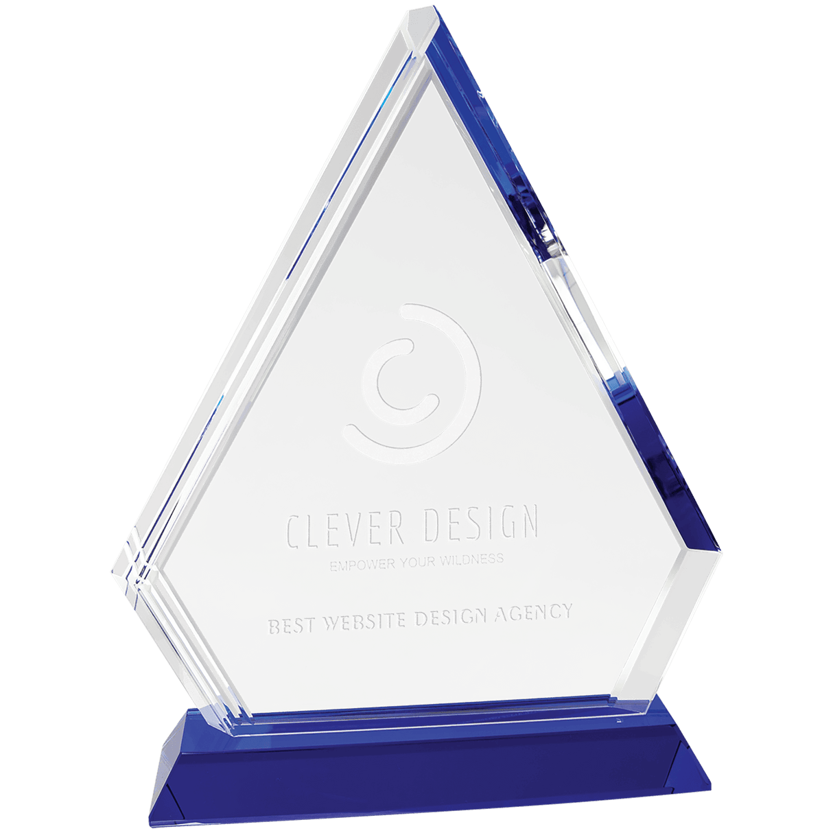 Large blue crystal diamond on a pedestal base, displayed by AKD Ink, showcasing its sparkling facets and elegant presentation.