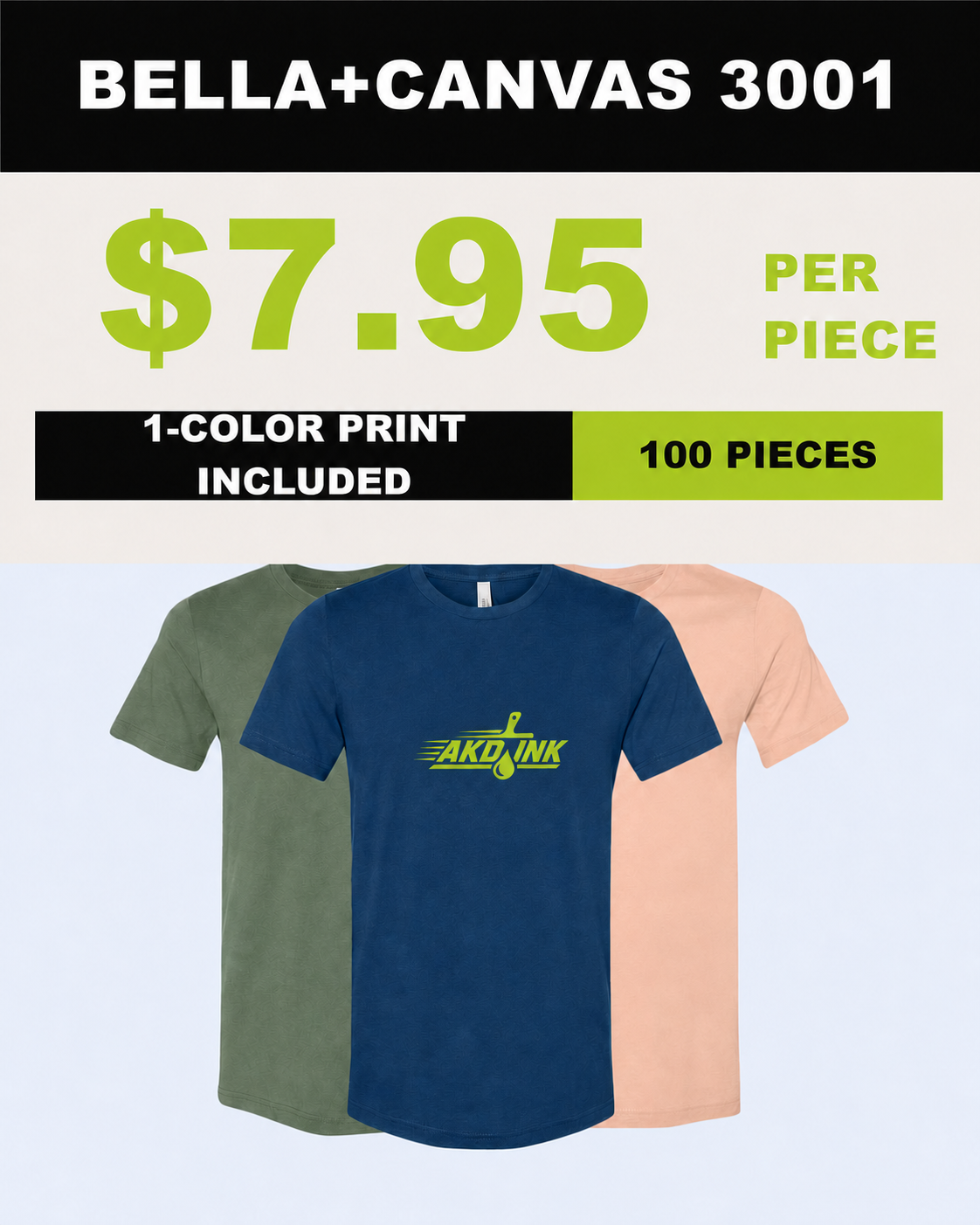 BELLA+CANVAS 3001 100-piece printed T-shirt package - $7.95 per piece