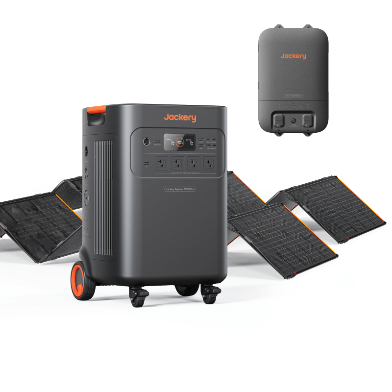 Jackery Explorer 5000 Plus portable power station with multiple outlets and digital display, ideal for camping and outdoor use.
