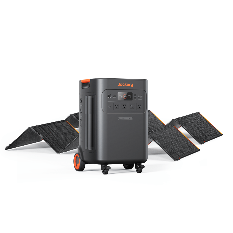 Jackery Explorer 5000 Plus portable power station with multiple outlets and digital display for outdoor and emergency use.