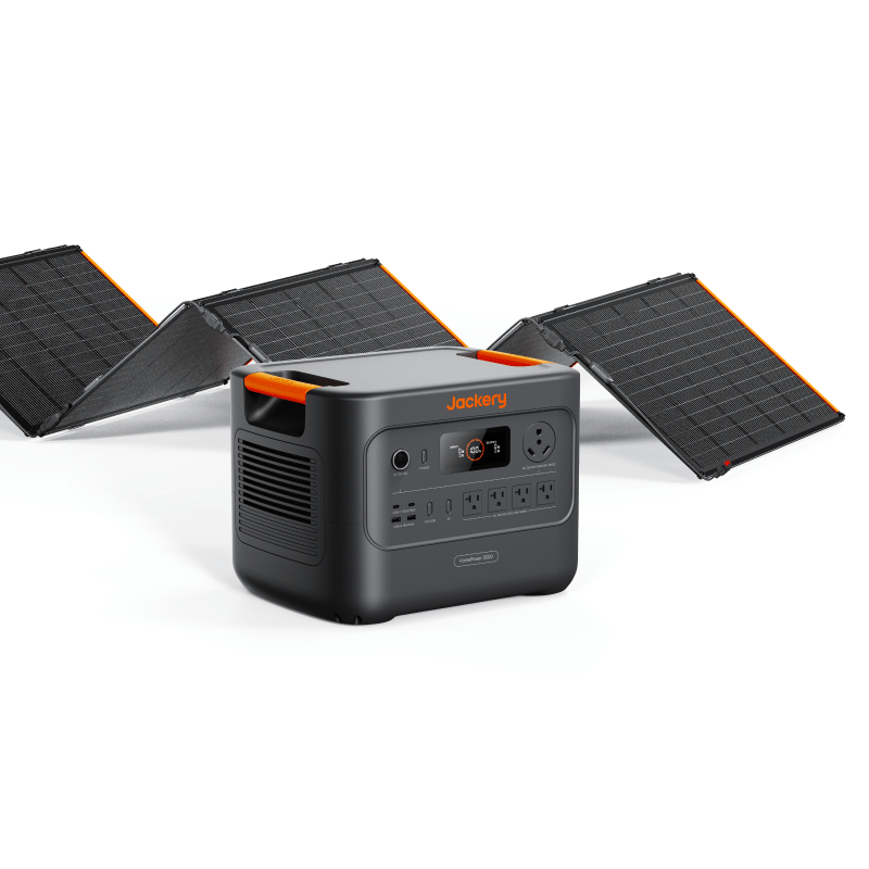 Jackery Solar Generator HomePower 3000, portable power station with solar panels and digital display for home or outdoor use.