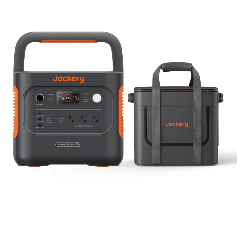 Jackery Explorer 2000 V2 portable power station with multiple outlets and digital display for versatile outdoor and home power use.