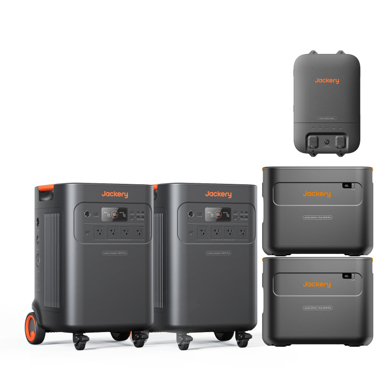 Jackery Explorer 5000 Plus portable power station with multiple outlets and digital display, designed for outdoor and emergency use.