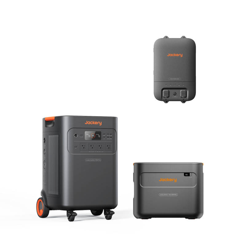 Jackery Explorer 5000 Plus portable power station with multiple outlets and digital display for outdoor and backup power needs.