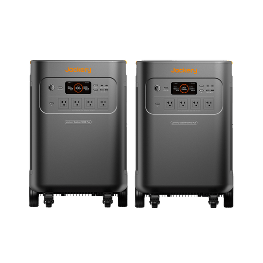 Jackery Explorer 5000 Plus Double Kit with two portable power stations and multiple charging ports on a white background.