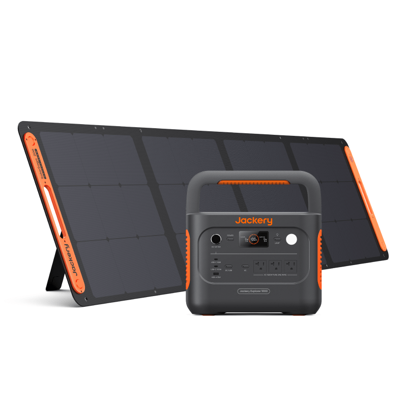Jackery Explorer 1000 portable power station with solar generator, featuring multiple outlets and a compact design for outdoor use.