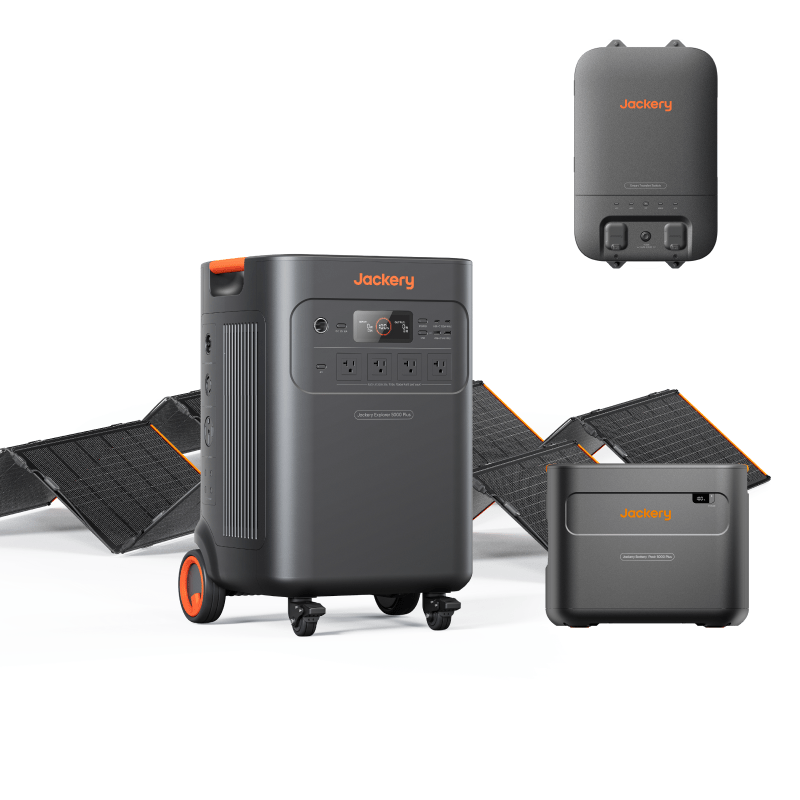 Jackery Solar Generator 5000 Plus with multiple ports and large solar panel for portable renewable energy storage