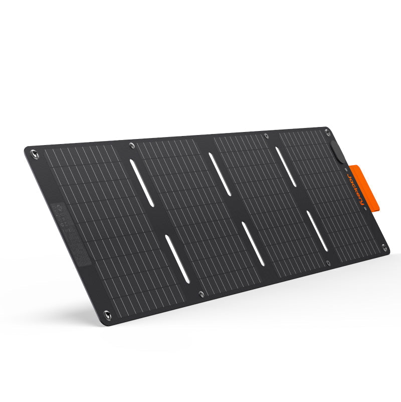 Jackery SolarSaga 40W Mini Solar Panel showing black photovoltaic panels with compact design and adjustable stand.