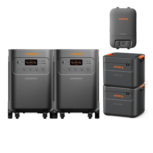 Jackery Whole-Home Backup Kit 5000 Plus with 20kWh battery, showing the portable power system and accessories for home backup.