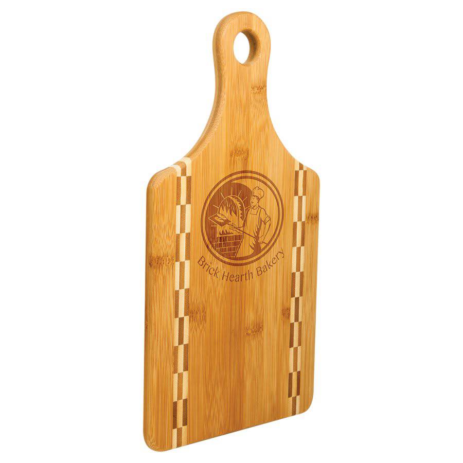 13 1/2" x 7" Paddle Shaped Bamboo Cutting Board with Butcher Block Inlay-AKD Ink