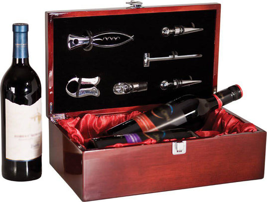 Rosewood Piano Finish Double Bottle Wine Box with Tools-AKD Ink