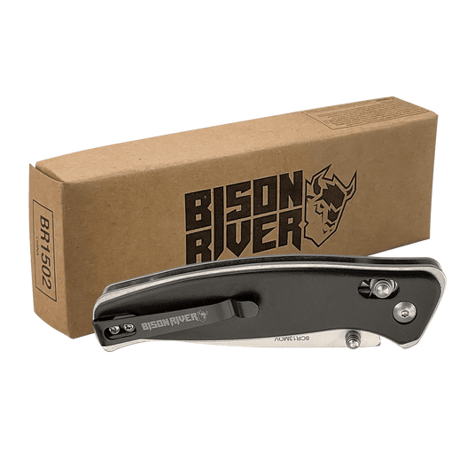 Bison River Black Handle Button Lock Knife-AKD Ink