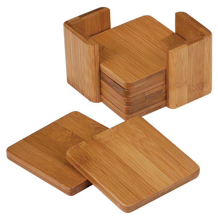 3 3/4" x 3 3/4" Bamboo Square 6-Coaster Set with Holder-AKD Ink