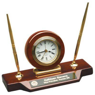 9" x 4 3/4" Piano Finish Desk Clock on Base with 2 Pens-AKD Ink