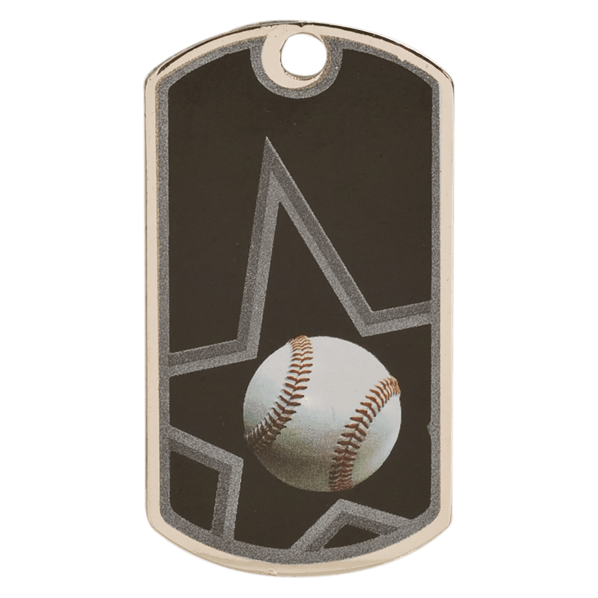 Premier Sport Awards baseball dog tag with engraved design, metal chain, and sporty aesthetic for dog collar or accessory.