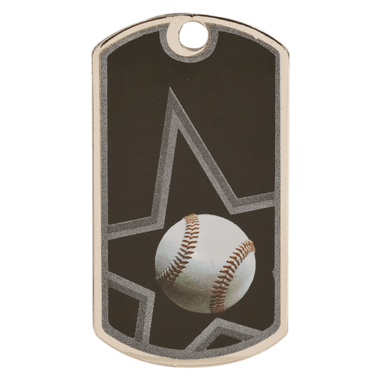 Premier Sport Awards baseball dog tag with engraved design, metal chain, and sporty aesthetic for dog collar or accessory.