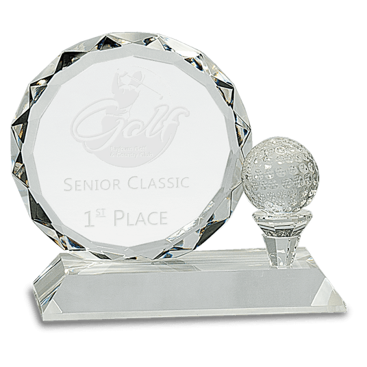 Crystal Golf Award on a Clear Pedestal Base-AKD Ink