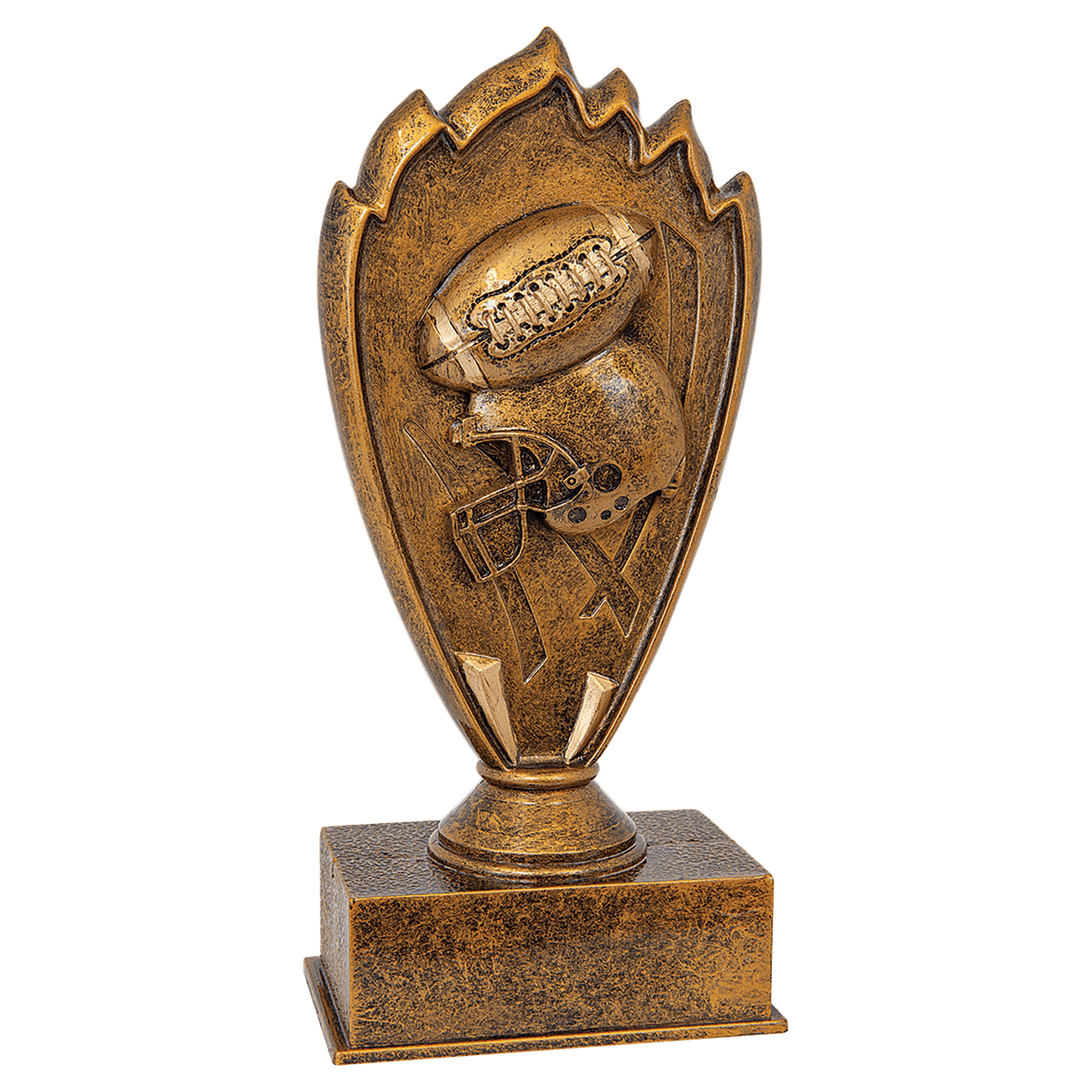 Premier Sport Awards Football Blaze Award, tall trophy with fiery design, commemorates achievement in football.
