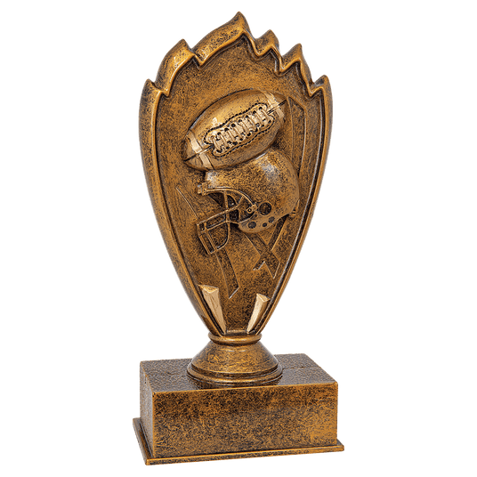 Premier Sport Awards Football Blaze Award, tall trophy with fiery design, commemorates achievement in football.