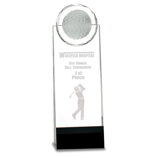Crystal Golf Ball Tower Award with 3-D Golfer-9 1/2"-AKD Ink
