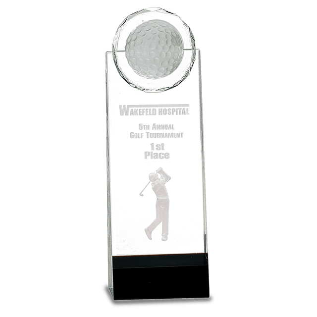 Crystal Golf Ball Tower Award with 3-D Golfer-9 1/2"-AKD Ink