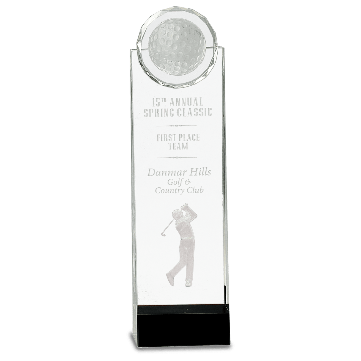 Crystal Golf Ball Tower Award with 3-D Golfer-9 1/2"-AKD Ink