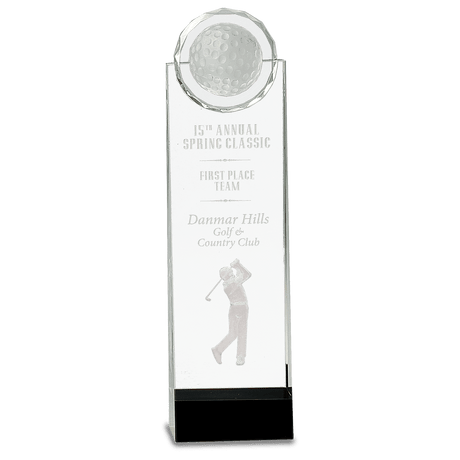 Crystal Golf Ball Tower Award with 3-D Golfer-9 1/2"-AKD Ink