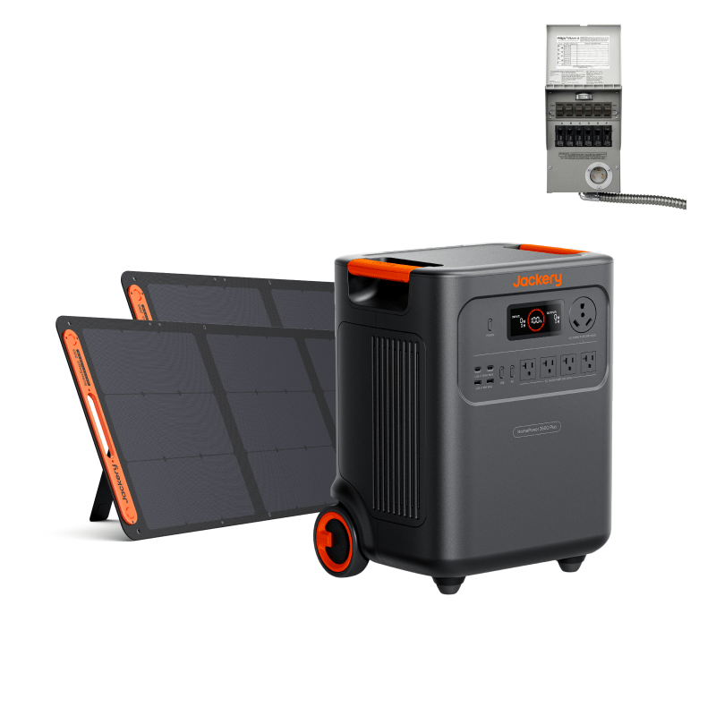 Jackery Solar Generator HomePower 3600 Plus with multiple ports and solar panels for portable off-grid power solutions.