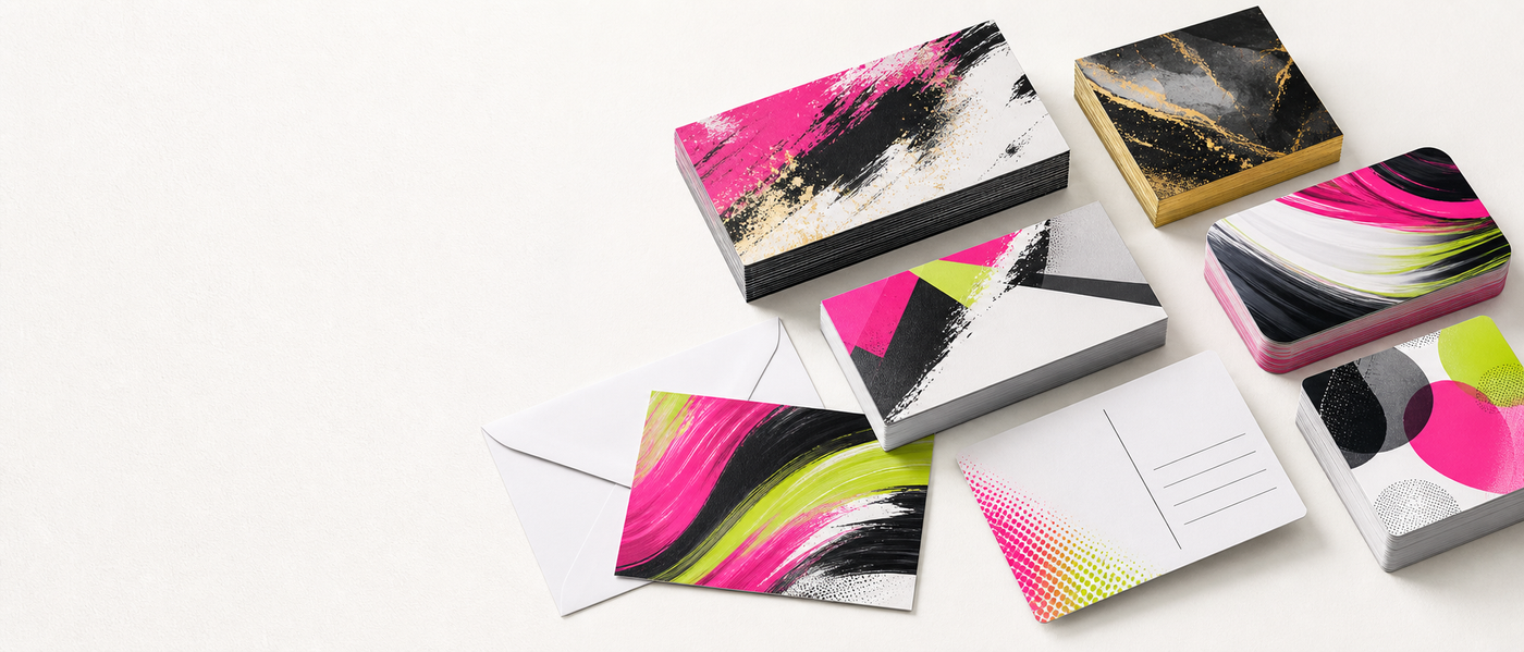 A colorful assortment of professionally printed postcards