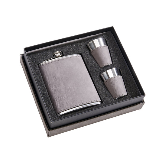 Grey Leatherette Flask & Stainless Steel Shot Glass Set