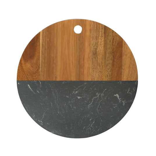 Black Marble and Acacia Wood Round Board - 12"