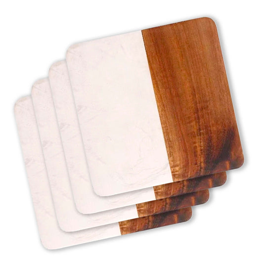 Set Of 4 White Marble and Acacia Wood  4" Square Coasters