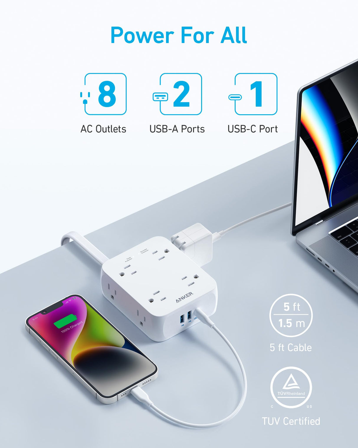 Anker 341 USB Power Strip with multiple USB charging ports and compact design for easy device charging.